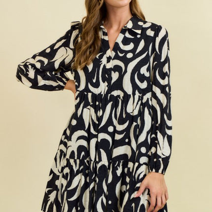 Leaf Printed Poplin Half Button Down Mini Dress