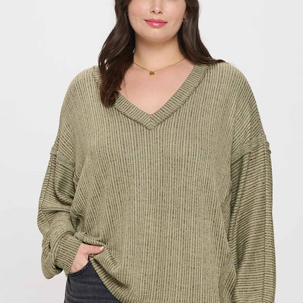 Striped Drop Shoulder V Neck Knit Top