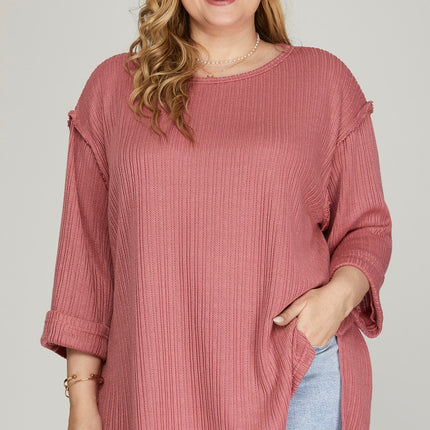 3/4 Folded Sleeve Knit Top