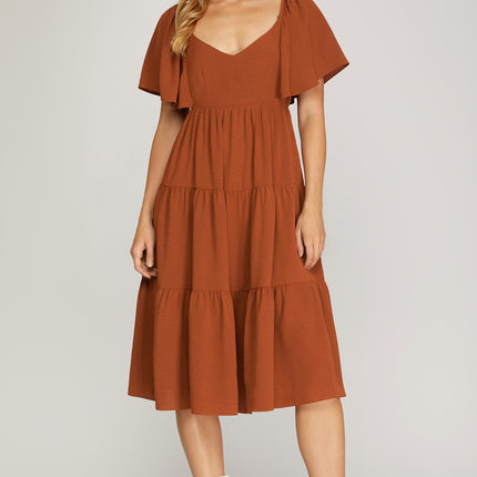 She & Sky - Flounce Sleeve Tiered Woven Midi Dress