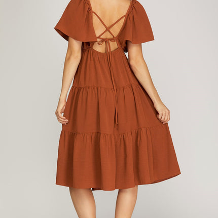 She & Sky - Flounce Sleeve Tiered Woven Midi Dress