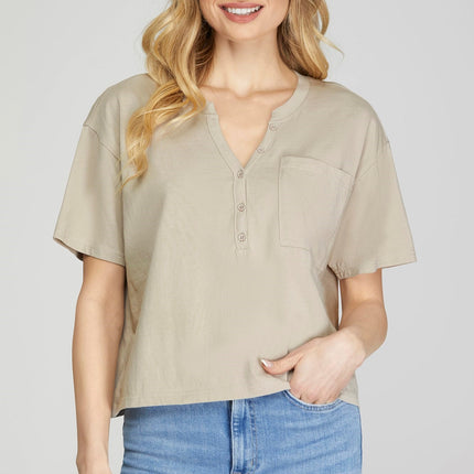 Short Sleeve Wash Button Up Knit Top