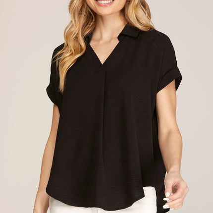 Drop Shoulder Collared Woven Top