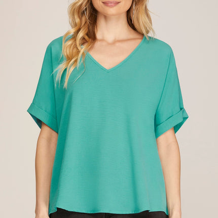 Short Sleeve V-Neck Woven Top