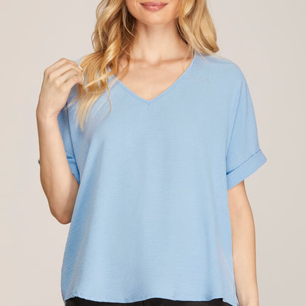 Short Sleeve V-Neck Woven Top