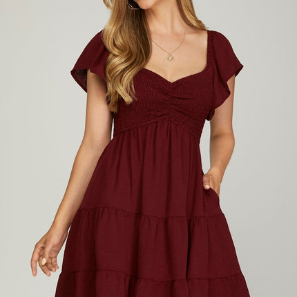 She & sky - Flutter Sleeve Tiered Sweetheart Dress