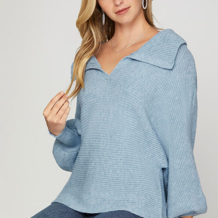 Collared Dolman Sleeve Ribbed Sweater