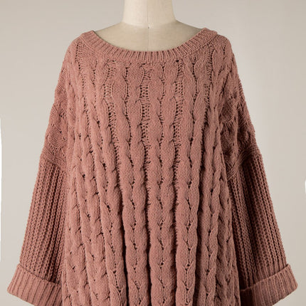 MIRACLE CUFFED SLEEVE BRAID CHENILLE CABLE KNIT SWEATER