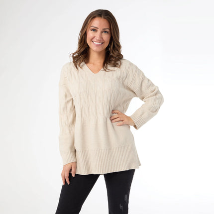 Heavenly-Luxe V Neck Cable Sweater w/ Rib Bottom
