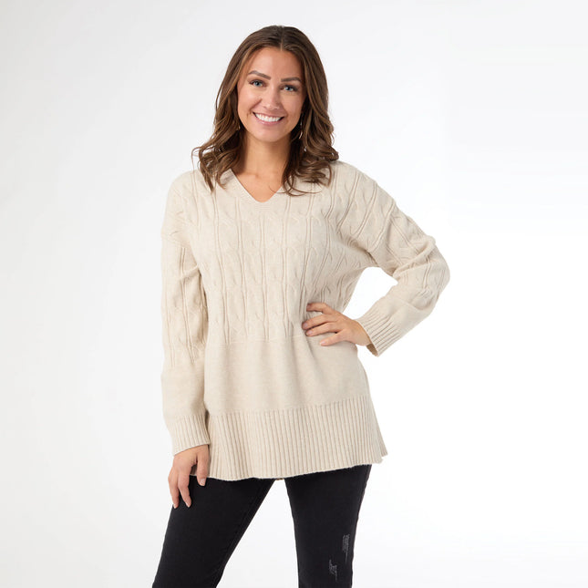 Heavenly-Luxe V Neck Cable Sweater w/ Rib Bottom