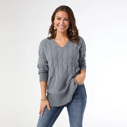 Heavenly-Luxe V Neck Cable Sweater w/ Rib Bottom