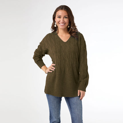 Heavenly-Luxe V Neck Cable Sweater w/ Rib Bottom