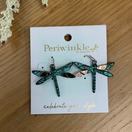 Periwinkle Patina + Two Toned Dragonfly Earrings