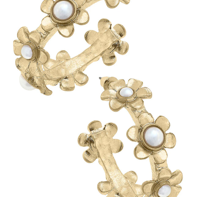 Mia Floral Hoop Earrings in Worn Gold