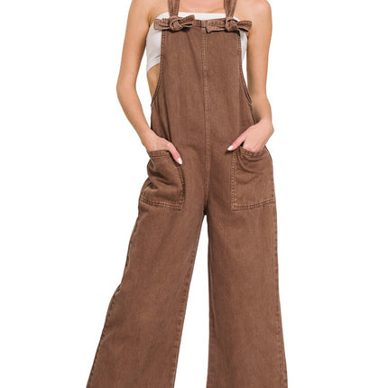 Zenana Washed Knot Strap Pockets Jumpsuit