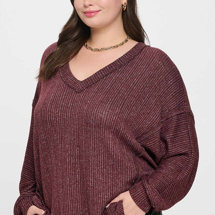 Striped Drop Shoulder V Neck Knit Top