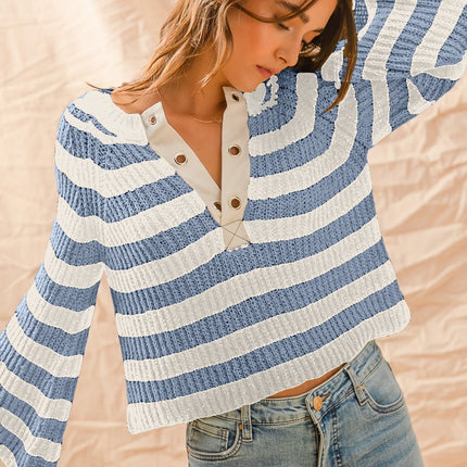 So Me Eyelet Placket Stripe Sweater Top