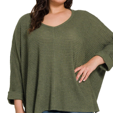 Zenana Plus Size 3/4 Sleeve V-Neck Jacquard Sweater