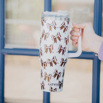 Katydid Football Bows All Over Tumbler Cup with Handle