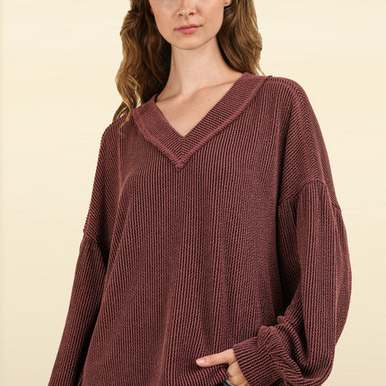 Very J Two Tone Otto Ribbed V-Neck Oversized Knit Top