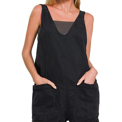 Zenana Washed Adjustable Strap Romper With Pockets